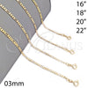 Gargantilla Basica 04.58.0010.16 Oro Laminado, Diseño de Figaro, Pulido, Tono Dorado (03 MM Thickness, 16 Inches Length)