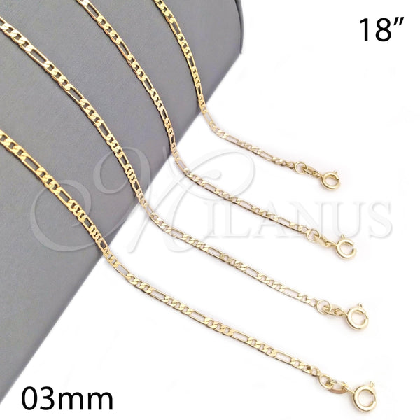 Gargantilla Basica 04.58.0010.18 Oro Laminado, Diseño de Figaro, Pulido, Tono Dorado (03 MM Thickness, 18 Inches Length)