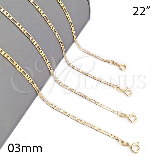 Gargantilla Basica 04.58.0010.22 Oro Laminado, Diseño de Figaro, Pulido, Tono Dorado (03 MM Thickness, 22 Inches Length)