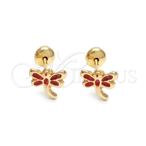 Arete Dormilona 02.58.0008 Oro Laminado, Diseño de Libélula, Esmaltado Rojo, Tono Dorado