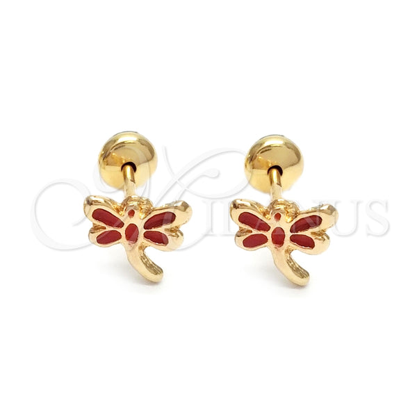 Arete Dormilona 02.58.0008 Oro Laminado, Diseño de Libélula, Esmaltado Rojo, Tono Dorado