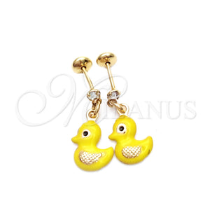 Arete Dormilona 02.58.0010 Oro Laminado, Diseño de Pajaro, Esmaltado Amarillo, Tono Dorado