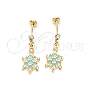 Arete Dormilona 02.58.0011 Oro Laminado, Diseño de Tortuga, con Blanca Zirconia Cubica, Esmaltado Turquesa, Tono Dorado