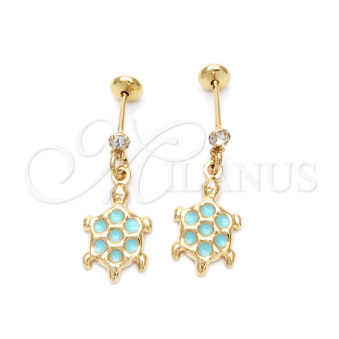 Arete Dormilona 02.58.0011 Oro Laminado, Diseño de Tortuga, con Blanca Zirconia Cubica, Esmaltado Turquesa, Tono Dorado
