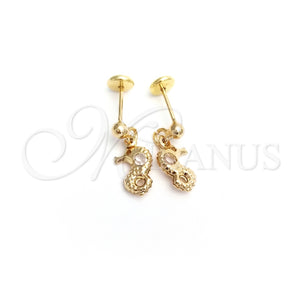 Arete Dormilona 02.58.0018 Oro Laminado, Diseño de Caballo de Mar, con Blanca Cristal, Pulido Turquesa, Tono Dorado