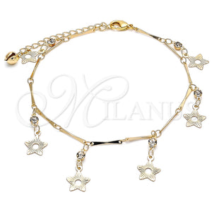Tobillera de Dije 03.213.0105.10 Oro Laminado, Diseño de Estrella y Cascavel, con Blanca Cristal, Pulido, Tono Dorado (01 MM Thickness, 10 Inches Length)