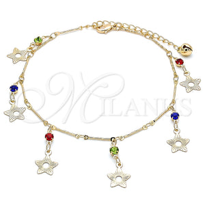 Tobillera de Dije 03.213.0105.1.10 Oro Laminado, Diseño de Estrella y Cascavel, con Multicolor Cristal, Pulido, Tono Dorado (01 MM Thickness, 10 Inches Length)