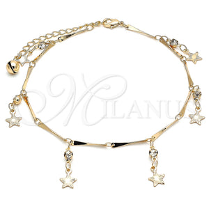 Tobillera de Dije 03.213.0106.10 Oro Laminado, Diseño de Estrella y Cascavel, con Blanca Cristal, Pulido, Tono Dorado (01 MM Thickness, 10 Inches Length)