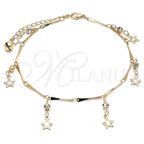 Tobillera de Dije 03.213.0106.10 Oro Laminado, Diseño de Estrella y Cascavel, con Blanca Cristal, Pulido, Tono Dorado (01 MM Thickness, 10 Inches Length)
