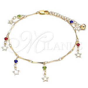 Tobillera de Dije 03.213.0106.1.10 Oro Laminado, Diseño de Estrella y Cascavel, con Multicolor Cristal, Pulido, Tono Dorado (01 MM Thickness, 10 Inches Length)
