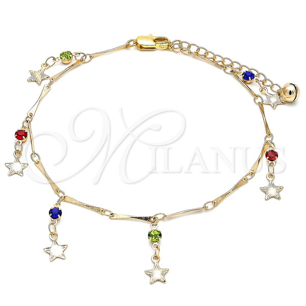 Tobillera de Dije 03.213.0106.1.10 Oro Laminado, Diseño de Estrella y Cascavel, con Multicolor Cristal, Pulido, Tono Dorado (01 MM Thickness, 10 Inches Length)