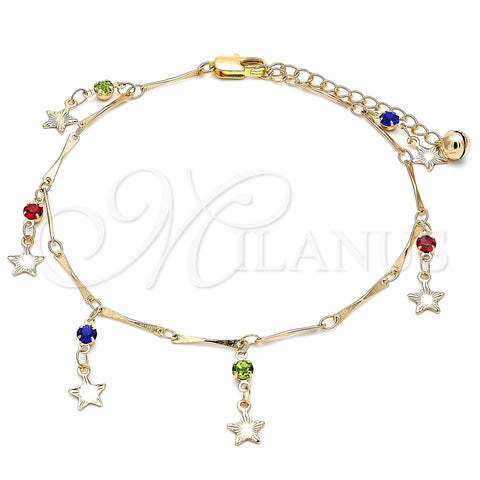 Tobillera de Dije 03.213.0106.1.10 Oro Laminado, Diseño de Estrella y Cascavel, con Multicolor Cristal, Pulido, Tono Dorado (01 MM Thickness, 10 Inches Length)