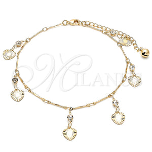 Tobillera de Dije 03.213.0107.10 Oro Laminado, Diseño de Corazón y Cascavel, con Blanca Cristal, Pulido, Tono Dorado (01 MM Thickness, 10 Inches Length)