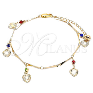 Tobillera de Dije 03.213.0107.1.10 Oro Laminado, Diseño de Corazón y Cascavel, con Multicolor Cristal, Pulido, Tono Dorado (01 MM Thickness, 10 Inches Length)