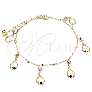 Tobillera de Dije 03.213.0112.10 Oro Laminado, Diseño de Gota y Cascavel, con Blanca Cristal, Pulido, Tono Dorado (01 MM Thickness, 10 Inches Length)