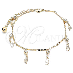 Tobillera de Dije 03.213.0113.10 Oro Laminado, Diseño de Oja y Cascavel, con Blanca Cristal, Pulido, Tono Dorado (01 MM Thickness, 10 Inches Length)
