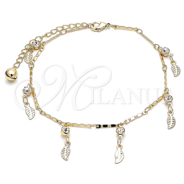 Tobillera de Dije 03.213.0113.10 Oro Laminado, Diseño de Oja y Cascavel, con Blanca Cristal, Pulido, Tono Dorado (01 MM Thickness, 10 Inches Length)