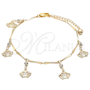 Tobillera de Dije 03.213.0115.10 Oro Laminado, Diseño de Corona y Cascavel, con Blanca Cristal, Pulido, Tono Dorado (01 MM Thickness, 10 Inches Length)