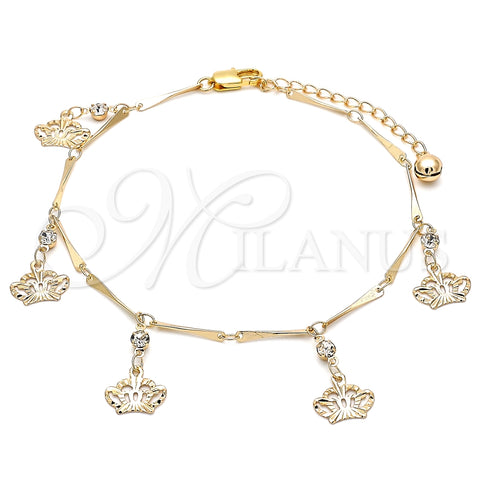 Tobillera de Dije 03.213.0115.10 Oro Laminado, Diseño de Corona y Cascavel, con Blanca Cristal, Pulido, Tono Dorado (01 MM Thickness, 10 Inches Length)