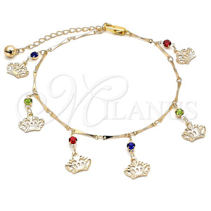 Tobillera de Dije 03.213.0115.1.10 Oro Laminado, Diseño de Corona y Cascavel, con Multicolor Cristal, Pulido, Tono Dorado (01 MM Thickness, 10 Inches Length)