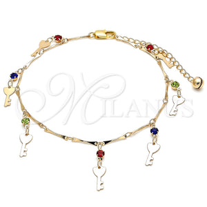 Tobillera de Dije 03.213.0092.1.10 Oro Laminado, Diseño de Llave y Cascavel, con Multicolor Cristal, Pulido, Tono Dorado (01 MM Thickness, 10 Inches Length)