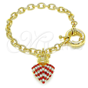 Pulsera de Dije 03.63.2211.1.08 Oro Laminado, Diseño de Corazón y Corona, con Granate and Blanca Cristal, Pulido, Tono Dorado (06 MM Thickness, 8 Inches Length)