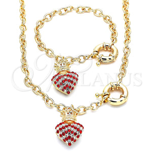 Collar y Pulsera 06.63.0251.1 Oro Laminado, Diseño de Corazón y Corona, con Granate and Blanca Cristal, Pulido, Tono Dorado