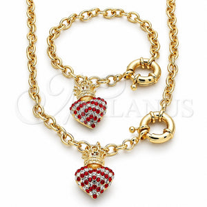 Collar y Pulsera 06.63.0251.1 Oro Laminado, Diseño de Corazón y Corona, con Cristal Granate y Blanca, Pulido, Tono Dorado