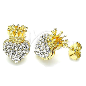 Arete Dormilona 02.63.2708 Oro Laminado, Diseño de Corazón y Corona, con Blanca Cristal, Pulido, Tono Dorado