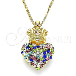 Collares con Dije 04.63.1408.2.20 Oro Laminado, Diseño de Corazón y Corona, con Multicolor Cristal, Pulido, Tono Dorado (02 MM Thickness, 20 Inches Length)
