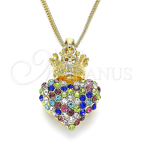 Collares con Dije 04.63.1408.2.20 Oro Laminado, Diseño de Corazón y Corona, con Multicolor Cristal, Pulido, Tono Dorado (02 MM Thickness, 20 Inches Length)