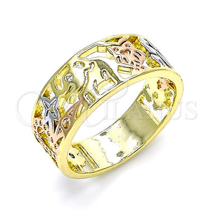 Anillo Elegante 01.253.0012.09 Oro Laminado, Diseño de Elefante y Búho, con Blanca Zirconia Cubica, Pulido, Tres Tonos (Size 9)