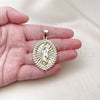 Dije Religioso 05.213.0093 Oro Laminado, Diseño de Guadalupe y Oja, Pulido, Tono Dorado