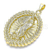 Dije Religioso 05.213.0093 Oro Laminado, Diseño de Guadalupe y Oja, Pulido, Tono Dorado
