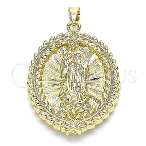 Dije Religioso 05.213.0093 Oro Laminado, Diseño de Guadalupe y Oja, Pulido, Tono Dorado