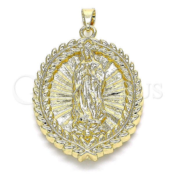 Dije Religioso 05.213.0093 Oro Laminado, Diseño de Guadalupe y Oja, Pulido, Tono Dorado