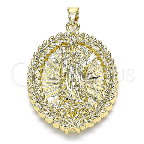 Dije Religioso 05.213.0093 Oro Laminado, Diseño de Guadalupe y Oja, Pulido, Tono Dorado