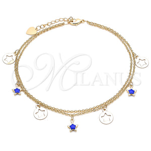 Tobillera de Dije 03.213.0125.10 Oro Laminado, Diseño de Estrella, Esmaltado Azul, Tono Dorado (02 MM Thickness, 10 Inches Length)