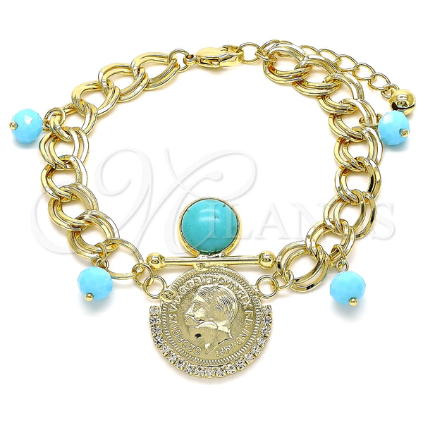 Pulsera de Dije 03.331.0107.2.08 Oro Laminado, con Turquoise Opal and Blanca Cristal, Pulido, Tono Dorado (10 MM Thickness, 8 Inches Length)