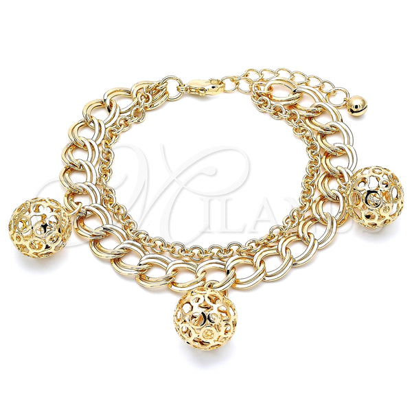 Pulsera de Dije 03.331.0130.08 Oro Laminado, Diseño de Bola y Cascavel, Pulido, Tono Dorado (Grosor 10 MM, 8 Pulgadas de Largo)