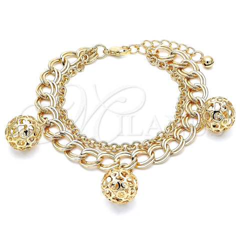 Pulsera de Dije 03.331.0130.08 Oro Laminado, Diseño de Bola y Cascavel, Pulido, Tono Dorado (Grosor 10 MM, 8 Pulgadas de Largo)