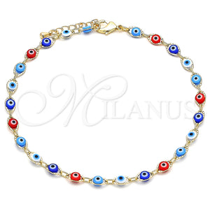 Tobillera Elegante 03.63.2212.10 Oro Laminado, Diseño de Ojo Griego, Resinado Multicolor, Tono Dorado (Grosor 05 MM, 10 Pulgadas de Largo)
