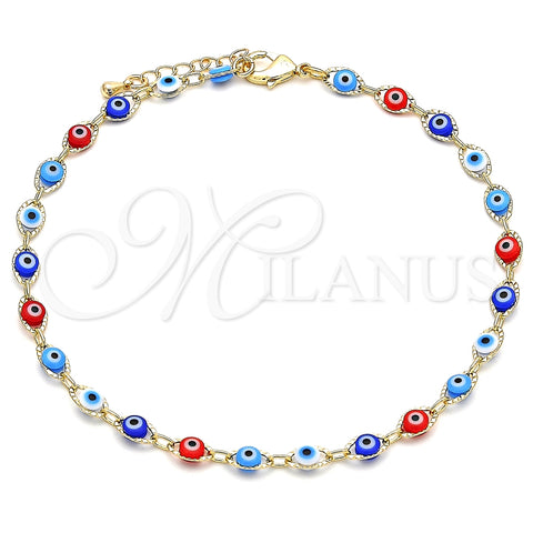 Tobillera Elegante 03.63.2212.10 Oro Laminado, Diseño de Ojo Griego, Resinado Multicolor, Tono Dorado (Grosor 05 MM, 10 Pulgadas de Largo)