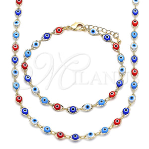 Collar y Pulsera 06.63.0255 Oro Laminado, Diseño de Ojo Griego, Resinado Multicolor, Tono Dorado