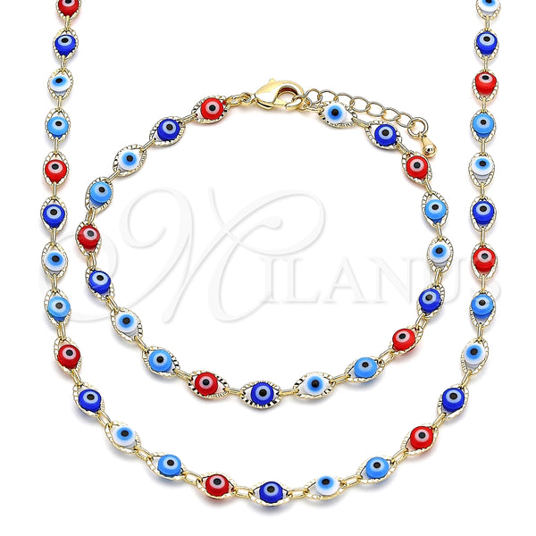 Collar y Pulsera 06.63.0255 Oro Laminado, Diseño de Ojo Griego, Resinado Multicolor, Tono Dorado