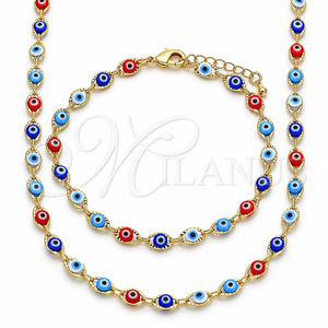 Collar y Pulsera 06.63.0255 Oro Laminado, Diseño de Ojo Griego, Resinado Multicolor, Tono Dorado