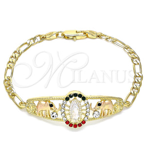 Pulsera Elegante 03.380.0044.08 Oro Laminado, Diseño de Guadalupe y Elefante, con Multicolor Cristal, Pulido, Tres Tonos (04 MM Thickness, 8 Inches Length)