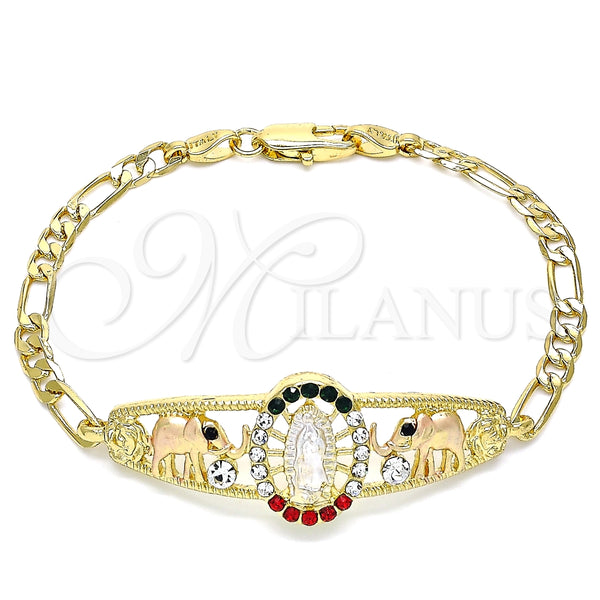 Pulsera Elegante 03.380.0044.08 Oro Laminado, Diseño de Guadalupe y Elefante, con Multicolor Cristal, Pulido, Tres Tonos (04 MM Thickness, 8 Inches Length)