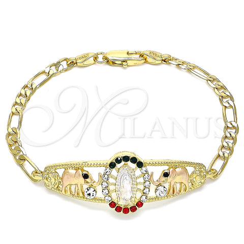 Pulsera Elegante 03.380.0044.08 Oro Laminado, Diseño de Guadalupe y Elefante, con Multicolor Cristal, Pulido, Tres Tonos (04 MM Thickness, 8 Inches Length)