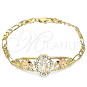 Pulsera Elegante 03.380.0044.1.08 Oro Laminado, Diseño de Guadalupe y Elefante, con Blanca and Negro Cristal, Pulido, Tres Tonos (04 MM Thickness, 8 Inches Length)